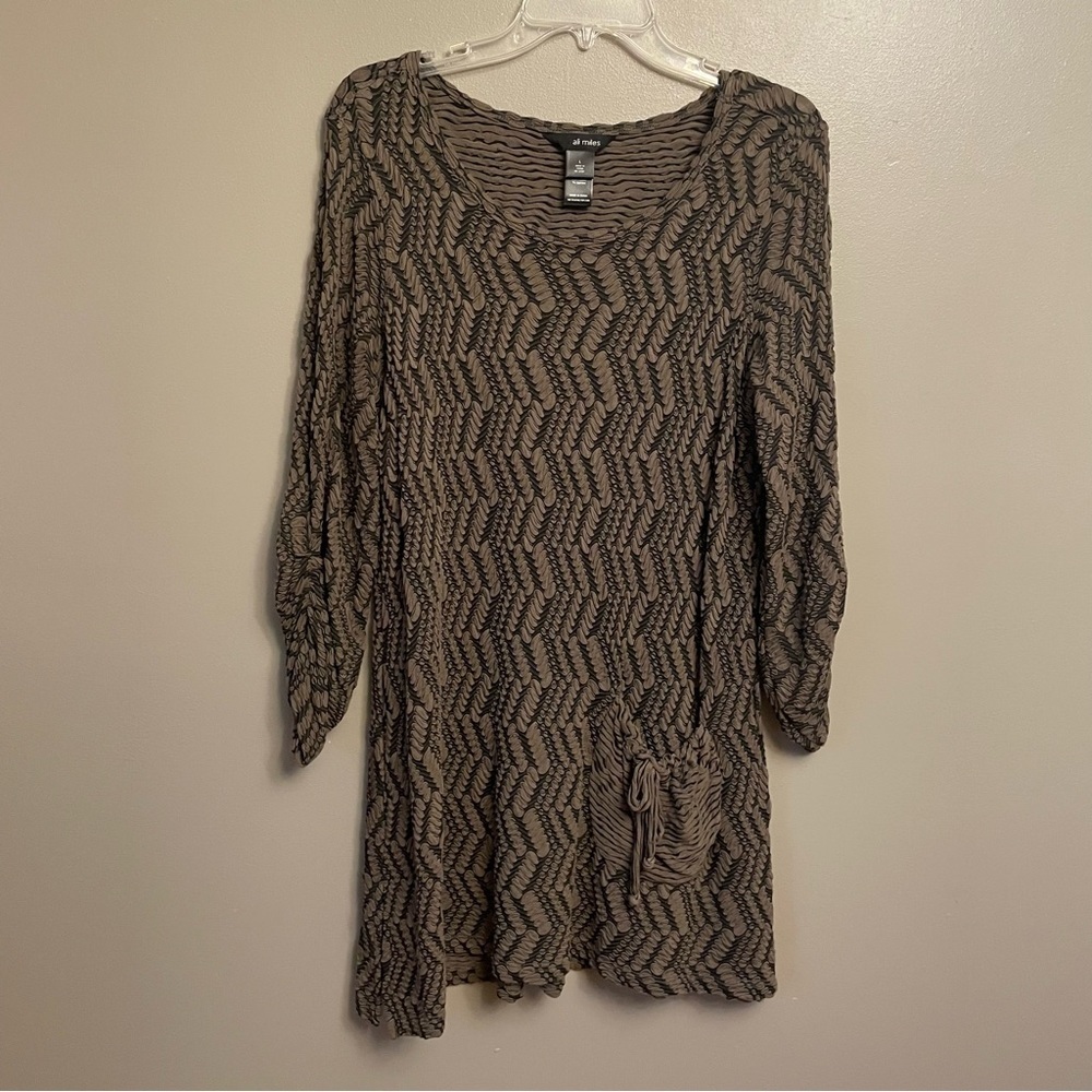Ali Miles Tunic dark Green/brown Textured Dress Ruched Long  Sleeve Large